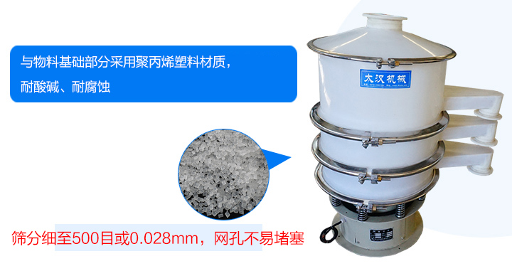 耐強(qiáng)酸、強(qiáng)堿腐蝕、物料不易變質(zhì)、不堵網(wǎng)、篩分效率高、使用壽命長