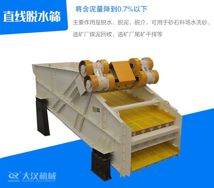 直線脫水篩主要作用是脫水、脫泥、脫介，可用于砂石料場(chǎng)水洗砂、 選礦廠煤泥回收、選礦廠尾礦干排等